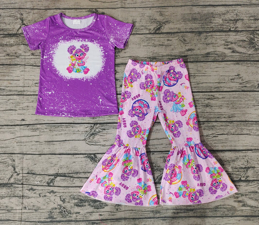 Baby Girls Purple Big Eye Short Sleeve Shirt Bell Pants Clothes Sets