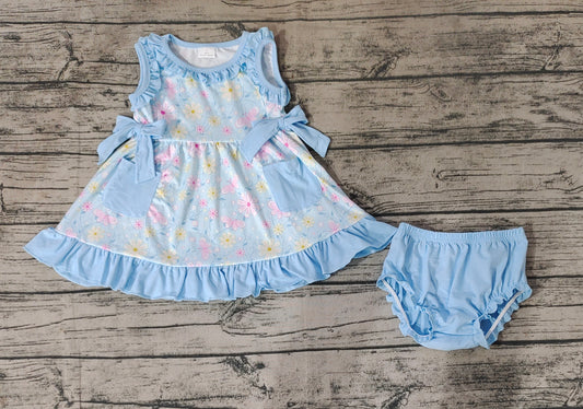 Baby Girls Blue Pocket Pink Flowers Sleeveless Top Summer Bummies Clothes Sets