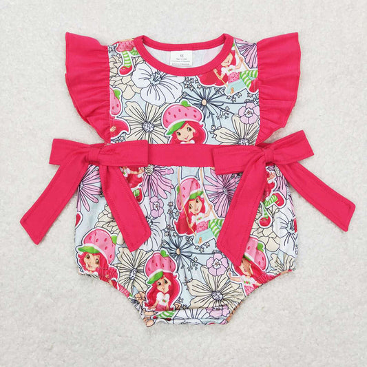 Baby Infant Girls Red Strawberry Bows Flutter Sleeve Rompers