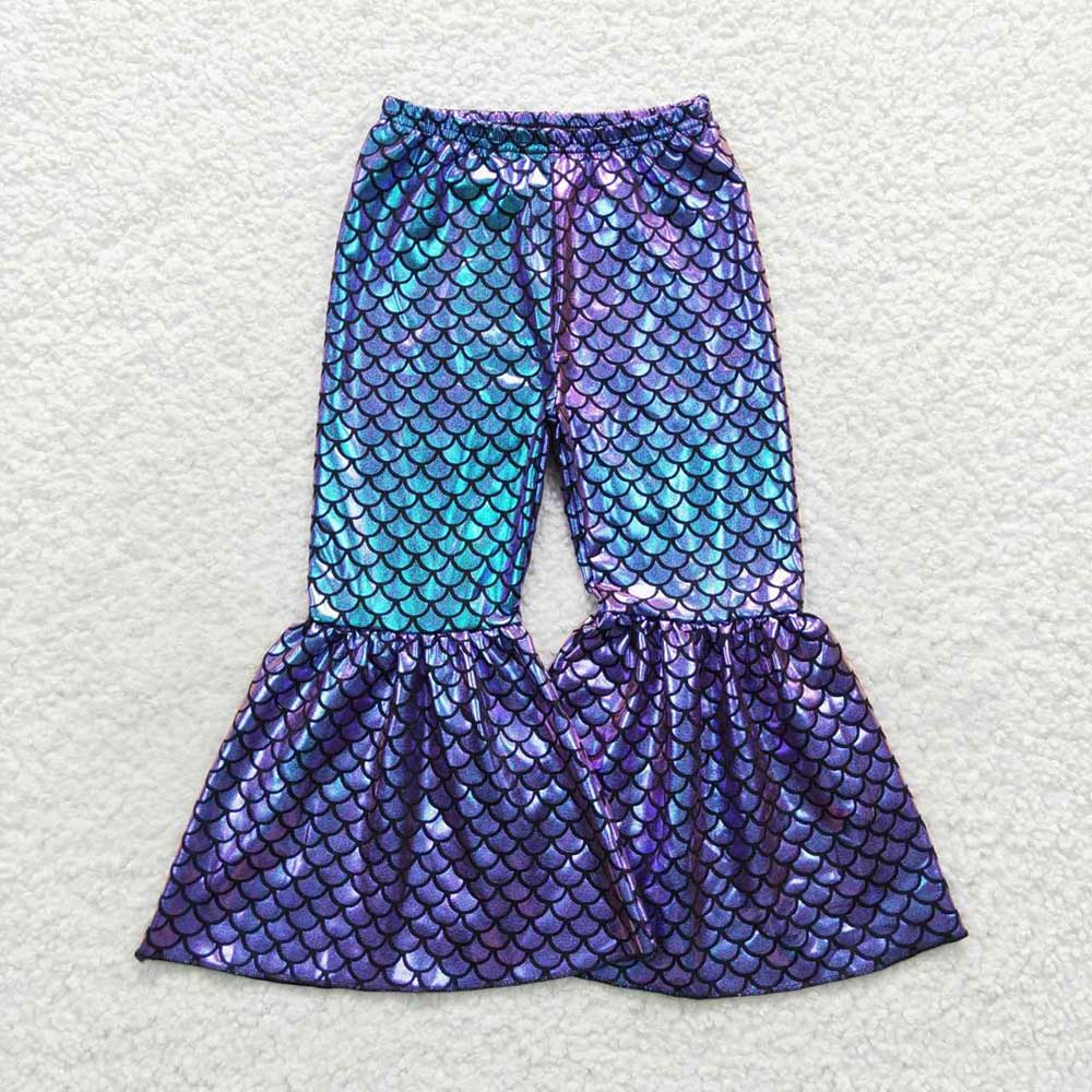 P0248 Baby Girls Blue Tie Dye Mermaid Scale Holographic Spandex Bell Bottom Pants
