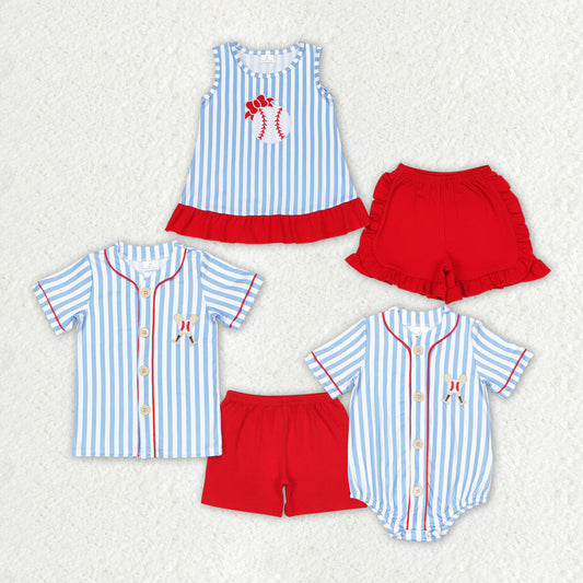 Baby Girls Blue Stripes Baseball Sibling Summer Rompers Clothes Sets