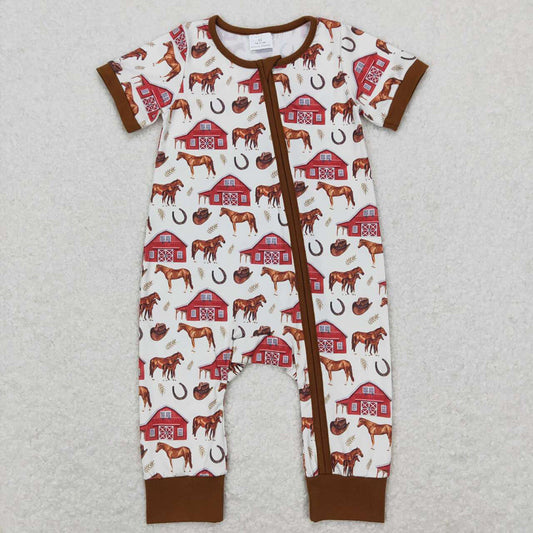 Baby Infant Boys Short Sleeve Farm Horse Zip Rompers