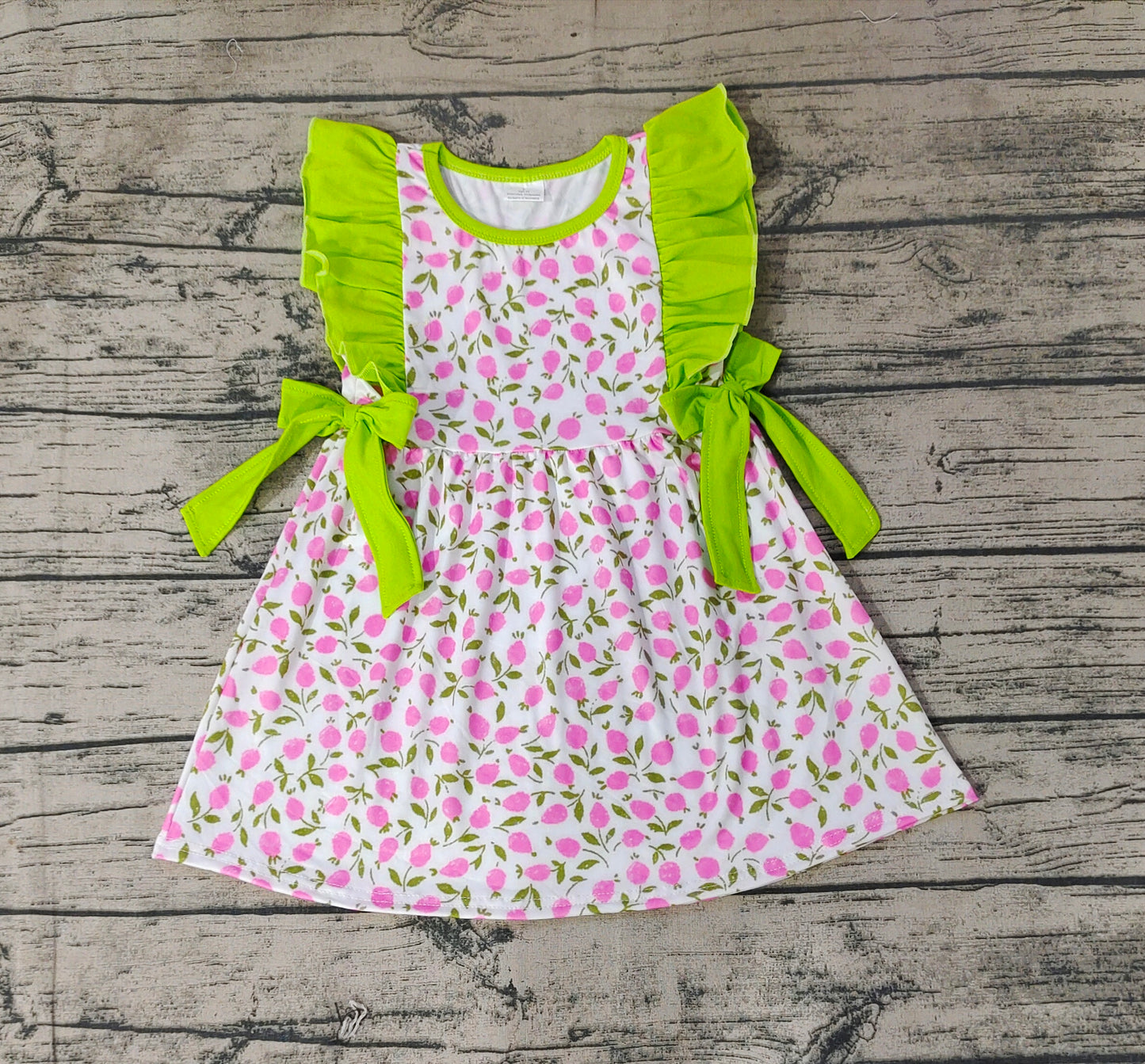 Baby Girls Pink Green Flowers Bows Ruffle Knee Length Dresses