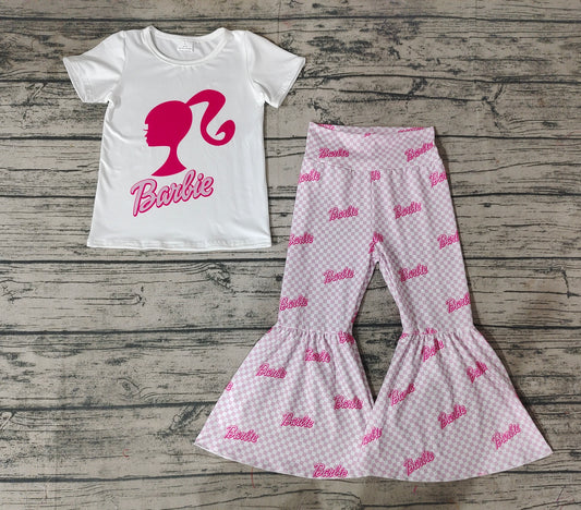 Baby Girls White Doll Tops Pink Checkered Bell Pants Clothes Sets