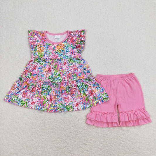 Baby Girls Flowers Tunic Dark Pink Shorts Summer Clothes Sets