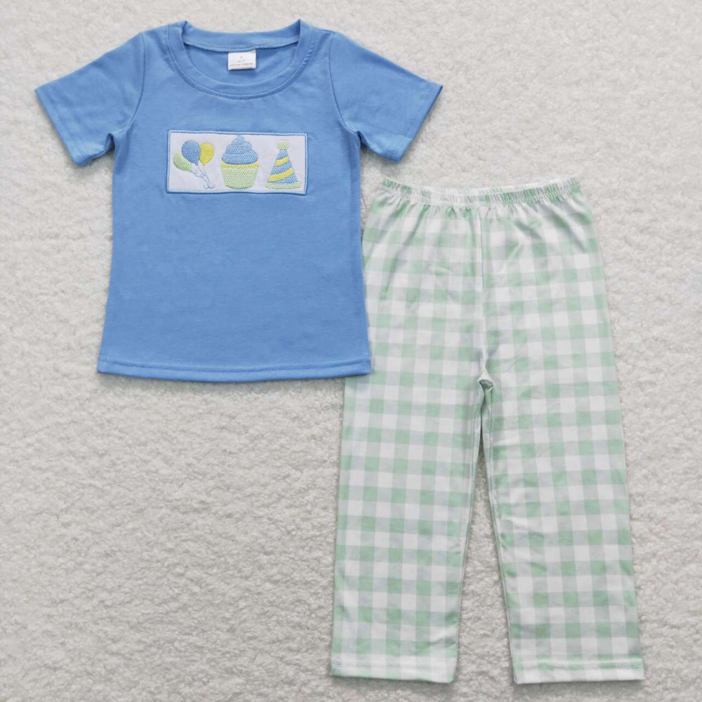 Baby Boys Blue Birthday Short Sleeve Tee Shirts Top Pants Clothing Sets