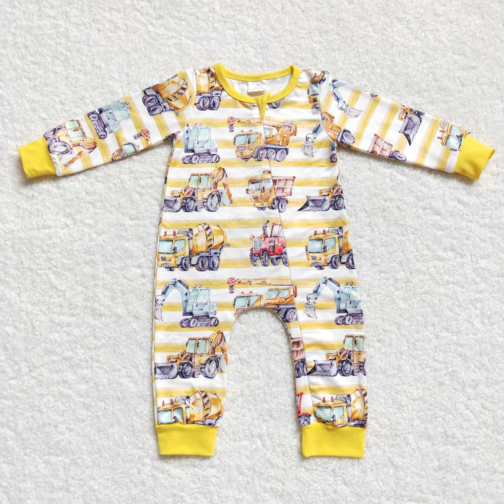 Construction Baby Boys Stripes Zip Long Sleeve Rompers