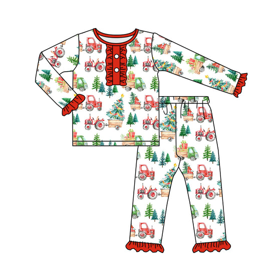 Baby Girls Christmas Tree Tractor Ruffle Pants Pajamas Clothes Sets preorder(moq 5)