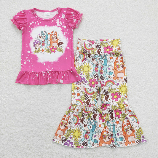 Baby Girls Dog Flowers Shirts Tops Bell Pants Clothes Sets