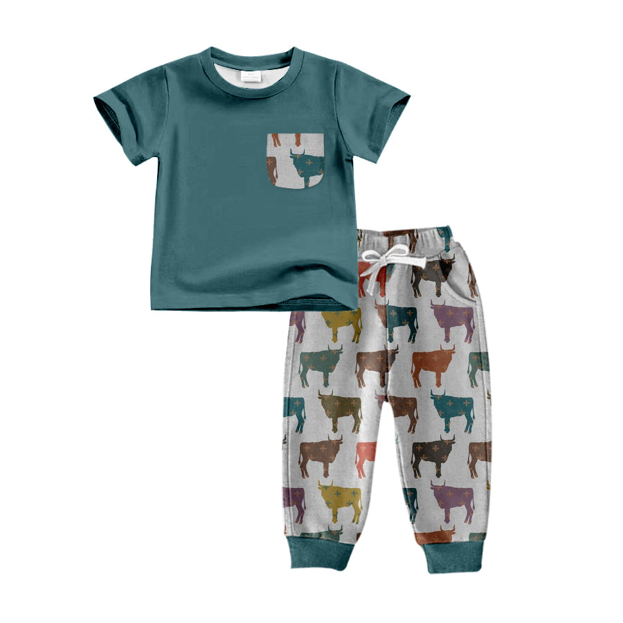 Baby Kids Western Cows Print Short Sleeve Tee Pants Clothing Sets Preorder(moq 5)