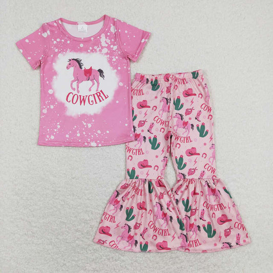 Baby Girls Western Cowgirl Horse Top Cactus Bell Pants Clothes Sets