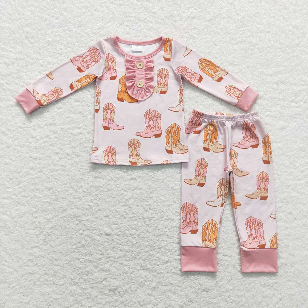 Baby Girls Toddler Western Pink Boots Top Pants Pajamas Clothes Sets