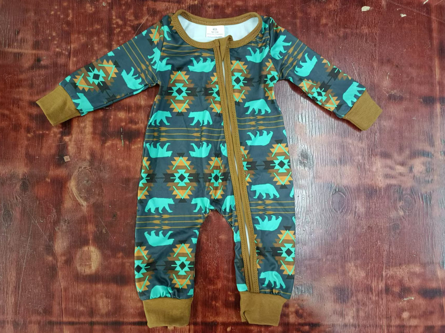 Baby Infant Boys Bear Western Aztec Zip Rompers preorder(moq 5)