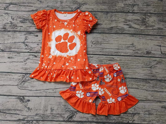 Baby Girls Orange Tigers Teams Top Ruffle Shorts Clothes Sets Preorder(moq 5)