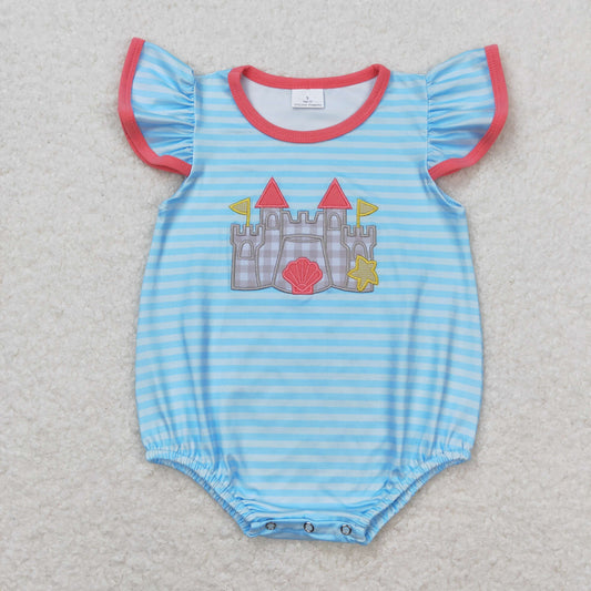 Baby Girls Summer Blue Stripes Castle Beach Rompers