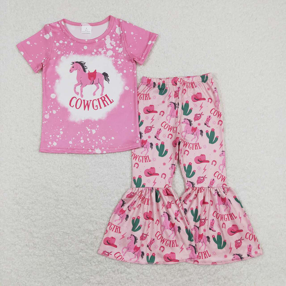 Baby Girls Sibling Horse Boots Tee Top Bell Pants Western Outfits Sets