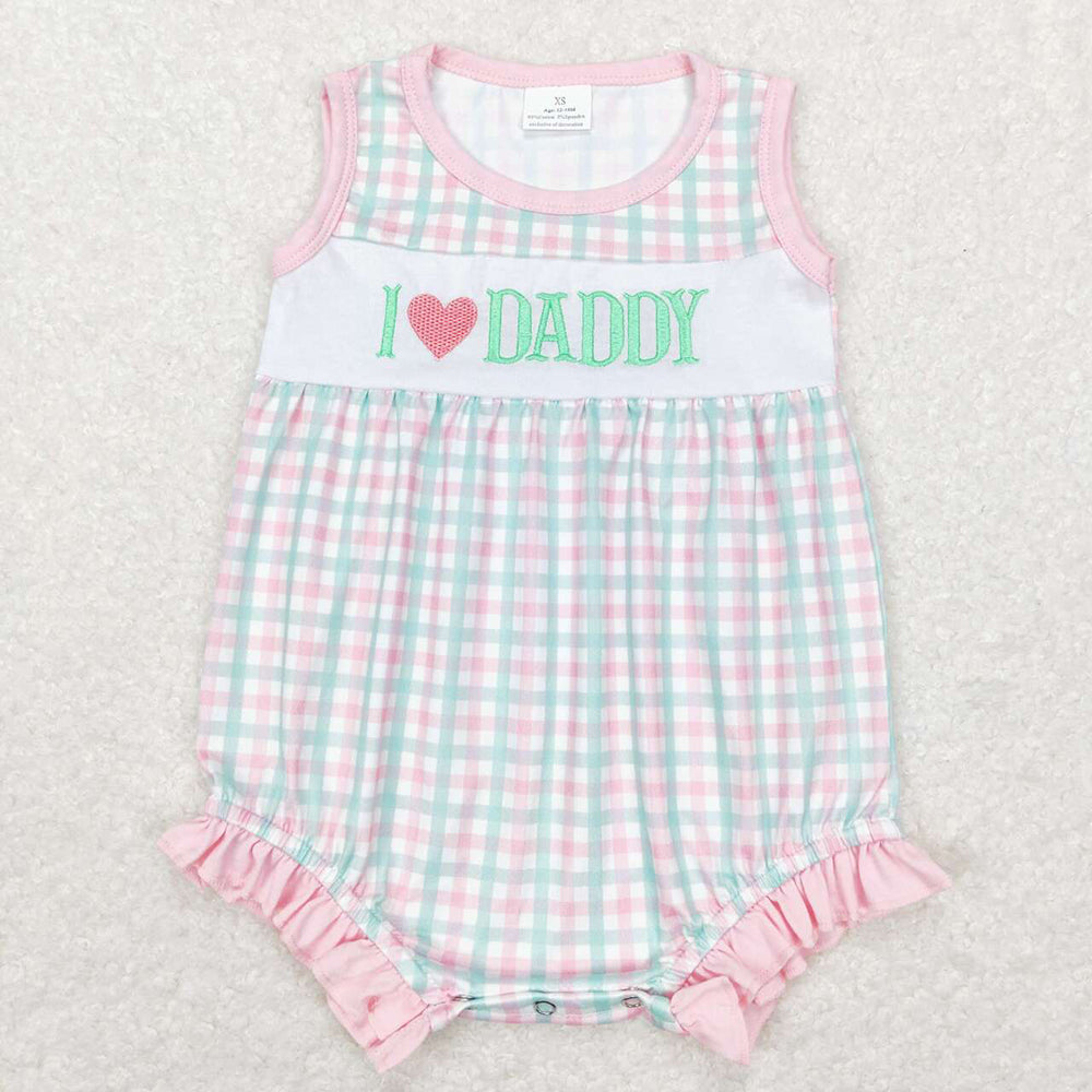 Baby Infant Girls I Love Daddy Pink Checkered Sleeveless Pockets Rompers