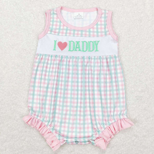 Baby Infant Girls I Love Daddy Pink Checkered Sleeveless Pockets Rompers