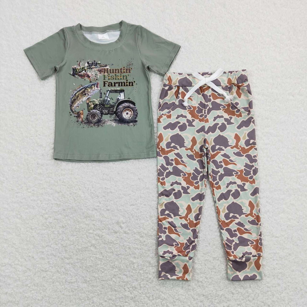 Baby Boys Green Farm Green Shirt Camo Pockets Pants Clothes Sets