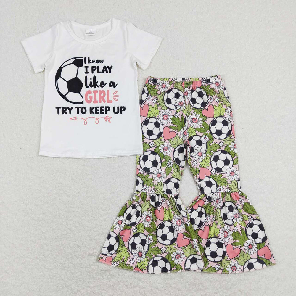 Baby Girls White Soccer Tee Shirt Top Bell Pants Clothes Sets