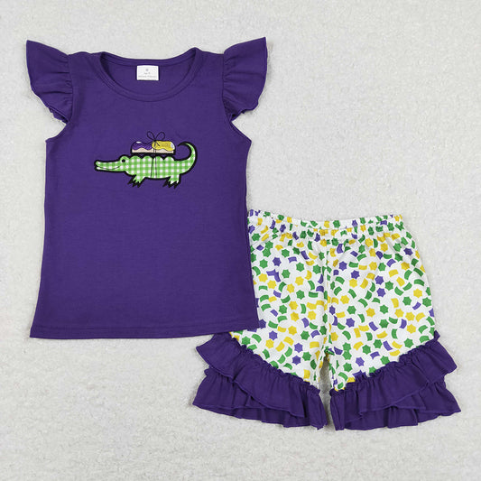 Baby Girls Mardi Gras Crocdile Shirt Ruffle Shorts Outfits Clothing Sets