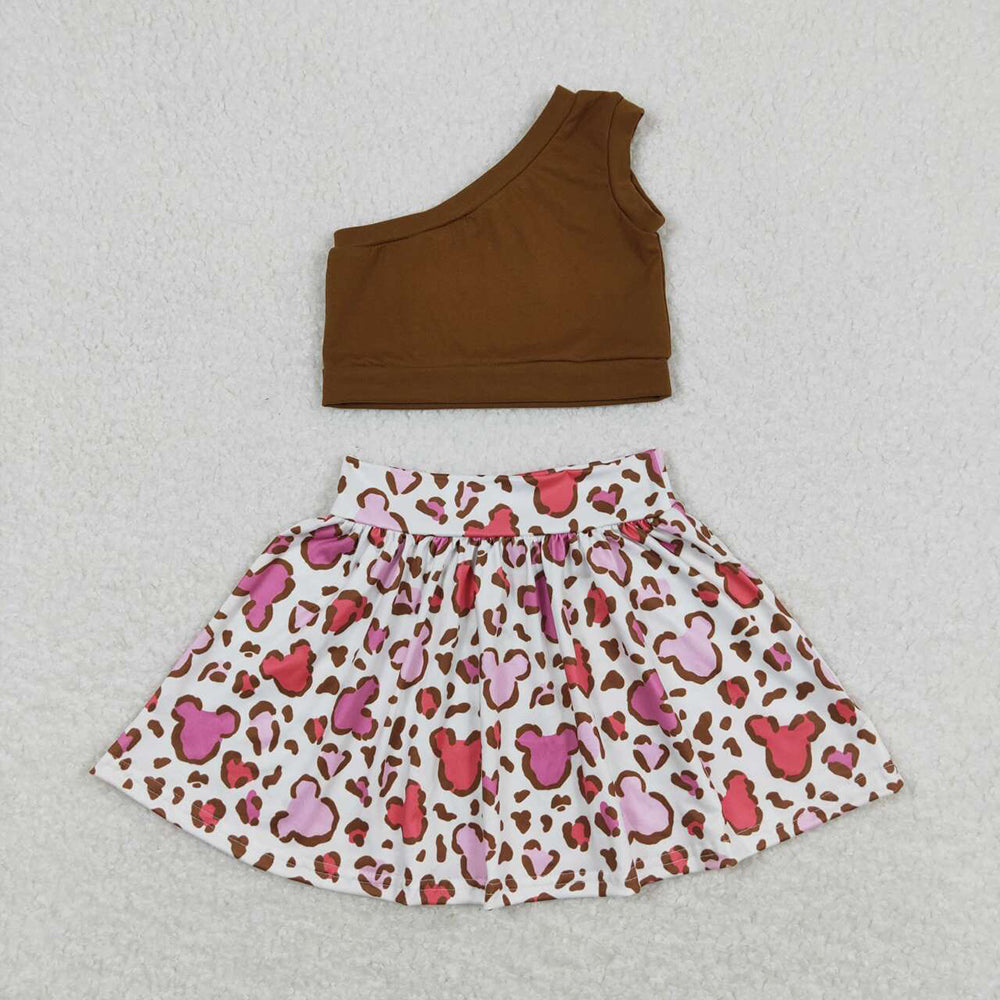 Baby Girls One Shoulder Top Brown Mouse Skirts Clothes Sets