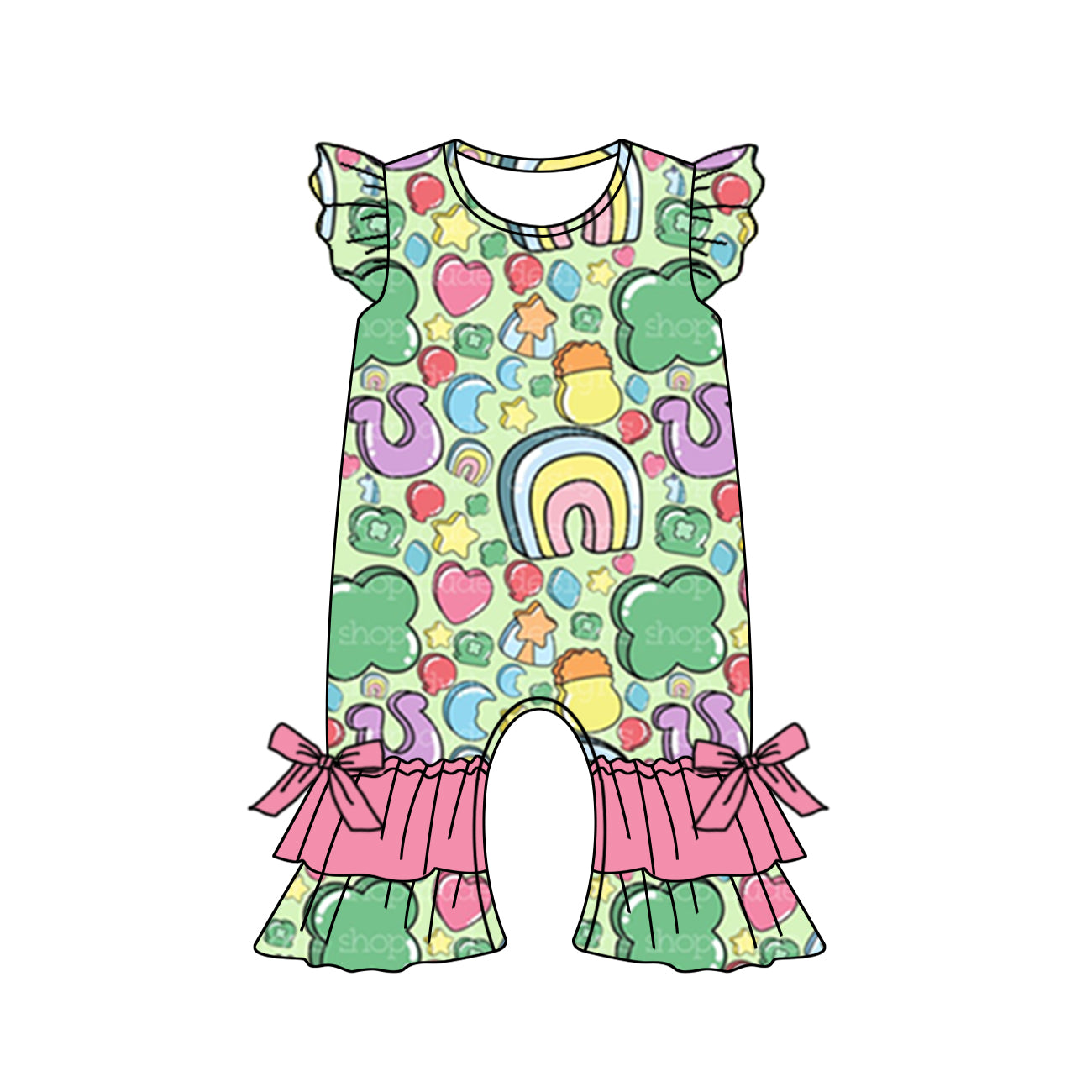 Baby Girls Flutter Sleeve St Patrick Day Rainbow Ruffle Rompers preorder(moq 5)