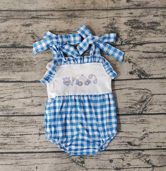 Baby Infant Girls Police Blue Checkered Summer Straps Rompers