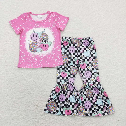 Baby Girls Disco Cow Skull Western Top Bell Pants Clothes Sets