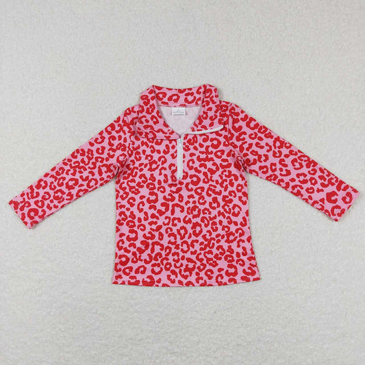 Baby Girls Toddler Valentines Pink Leopard Zip Pullover Long Sleeve Tops