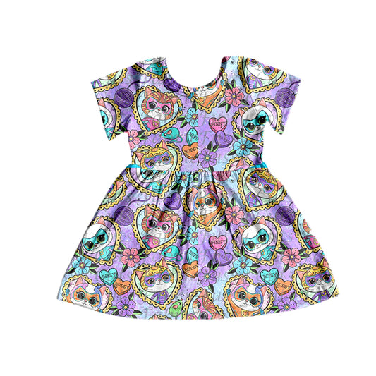 Baby Girls Short Sleeve Cats Purple A-Line Dresses preorder(moq 5)