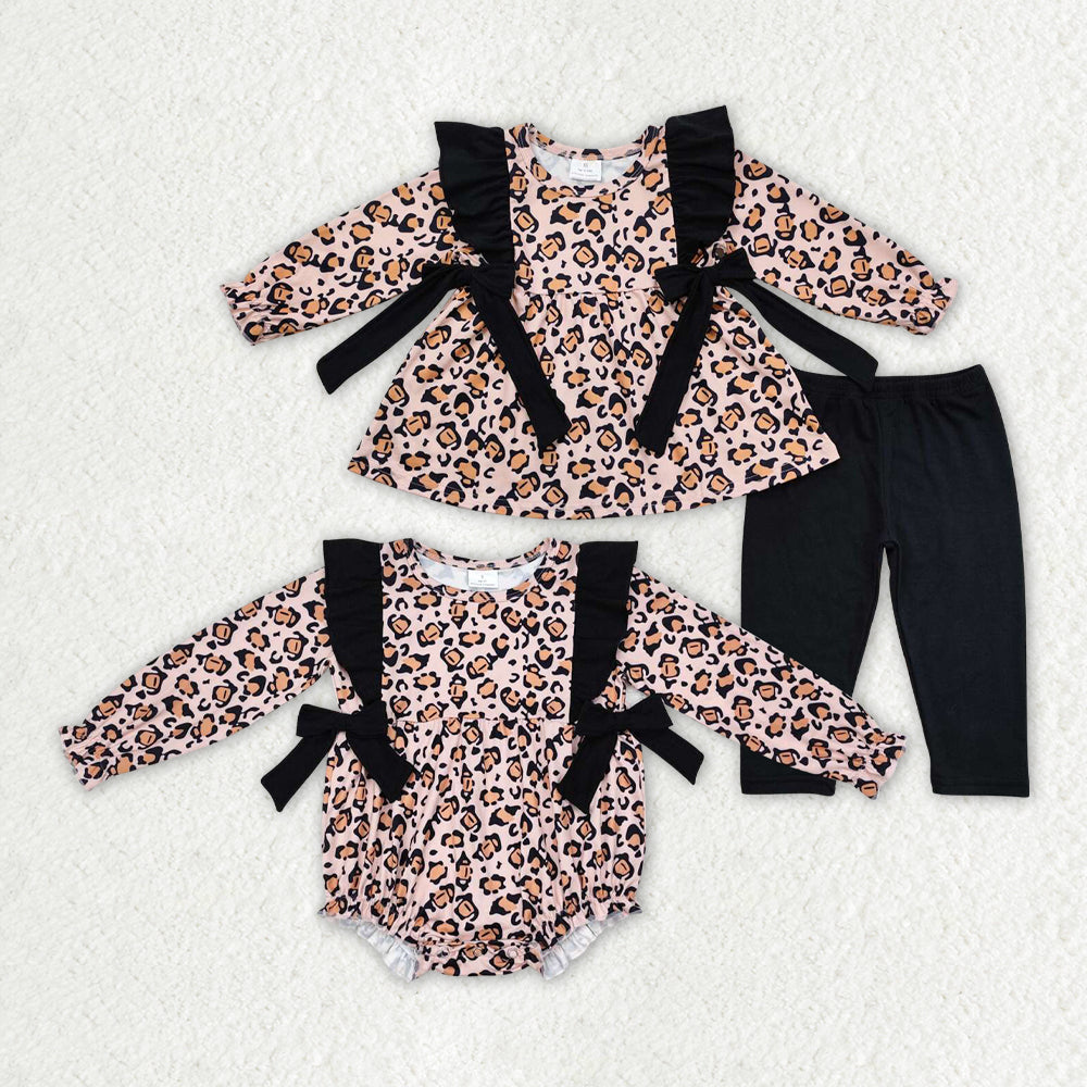 Baby Girls Leopard Bows Sibling Rompers Clothes Sets