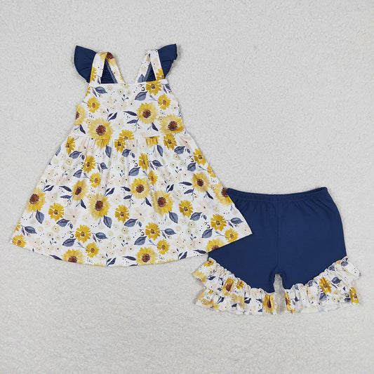 Baby Girls SunFlowers Flutter Sleeve Tunic Ruffle Shorts Clothes Sets