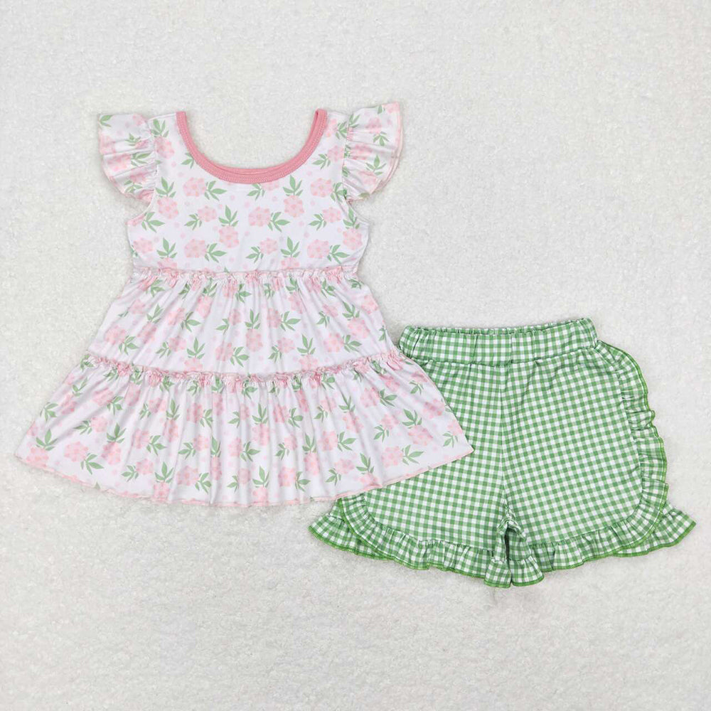 Baby Girls Toddler Green Pink Flowers Tunic Top Summer Shorts Clothes Sets