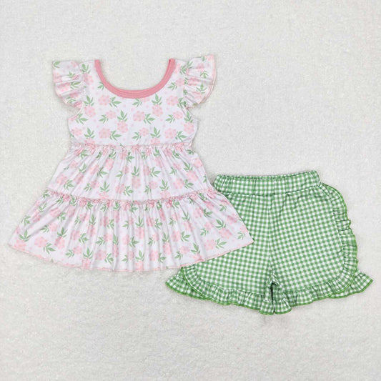 Baby Girls Toddler Green Pink Flowers Tunic Top Summer Shorts Clothes Sets