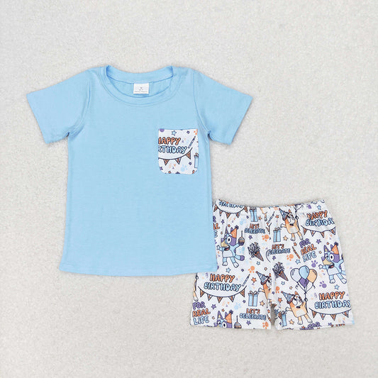 Baby Boys Blue Tee Shirts Tops Birthday Dogs Shorts Clothes Sets