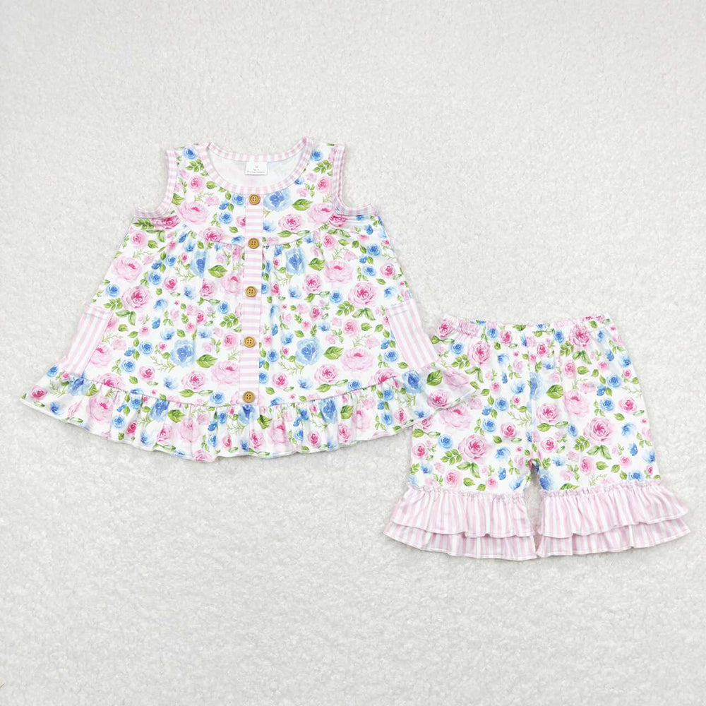 Baby Girls Pink Flowers Pockets Tunic Ruffle Shorts Clothes Sets