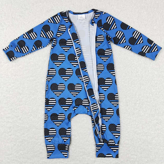 Baby Infant Boys Flag Hearts Blue Long Sleeve Zip Rompers