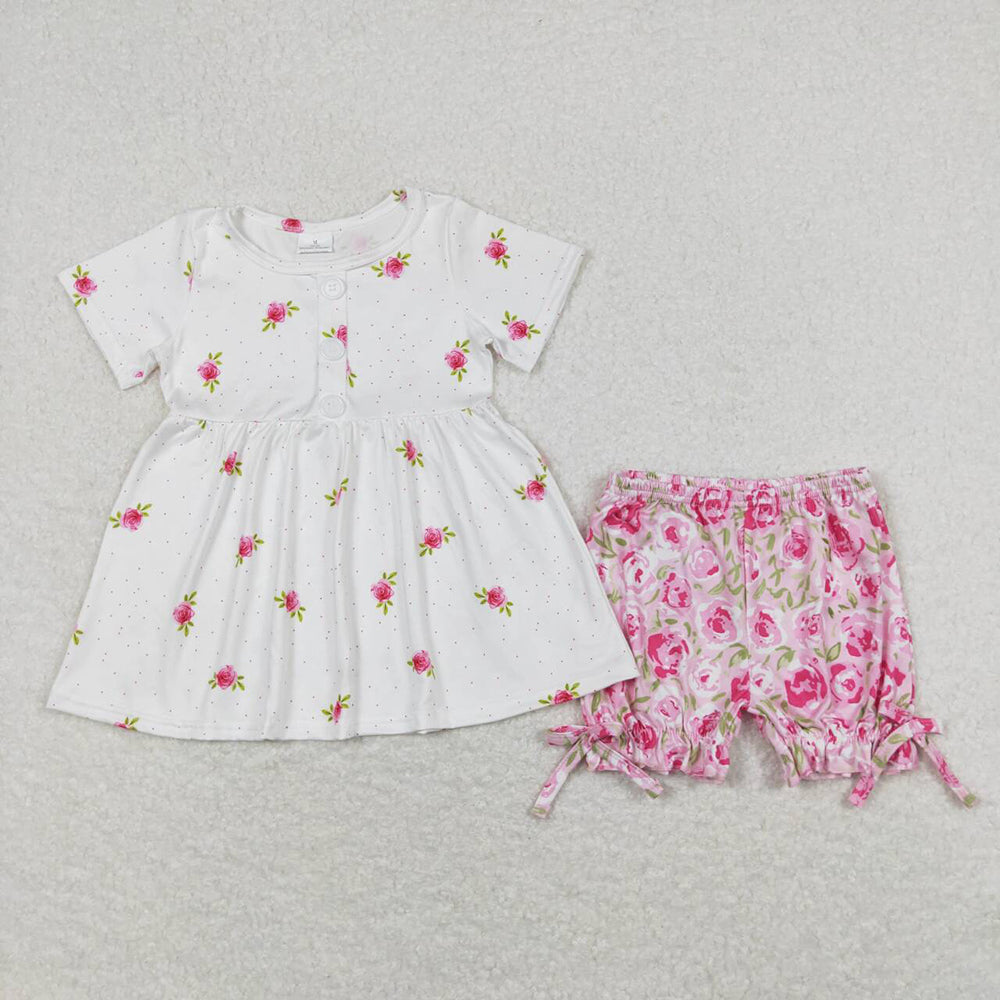 Baby Girls White Rose Flowers Tunic Top Ruffle Pink Shorts Clothes Sets