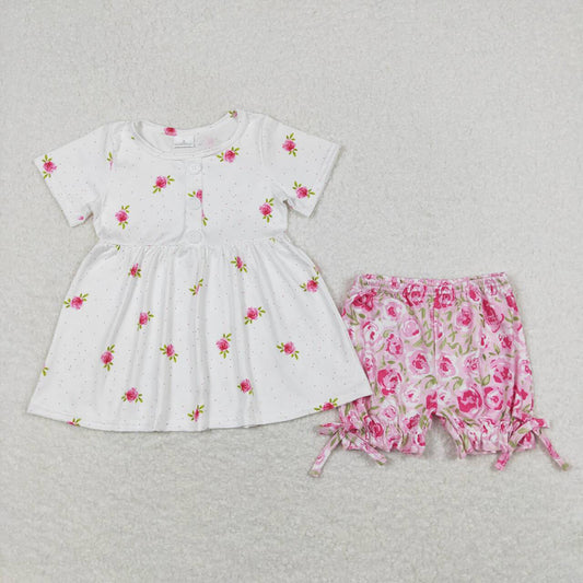 Baby Girls White Rose Flowers Tunic Top Ruffle Pink Shorts Clothes Sets