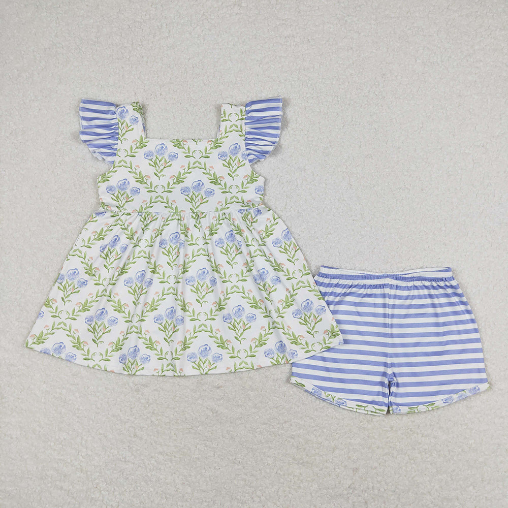 Baby Girls Green Blue Flowers Flutter Sleeve Tunic Top Shorts Clothes Sets