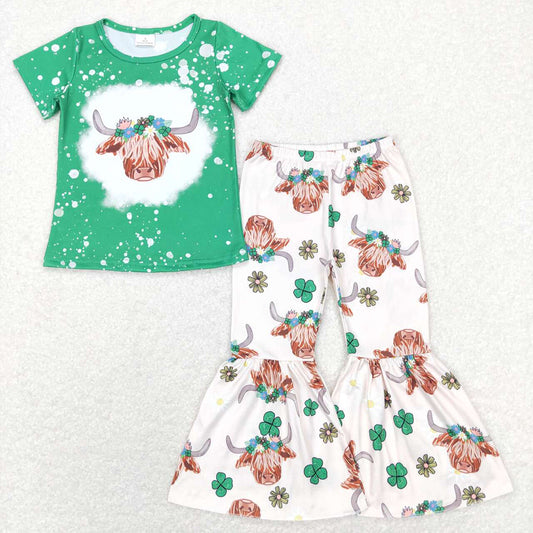 Baby Girls St Patrick Highland Cow Top Bell Pants Clothes Sets