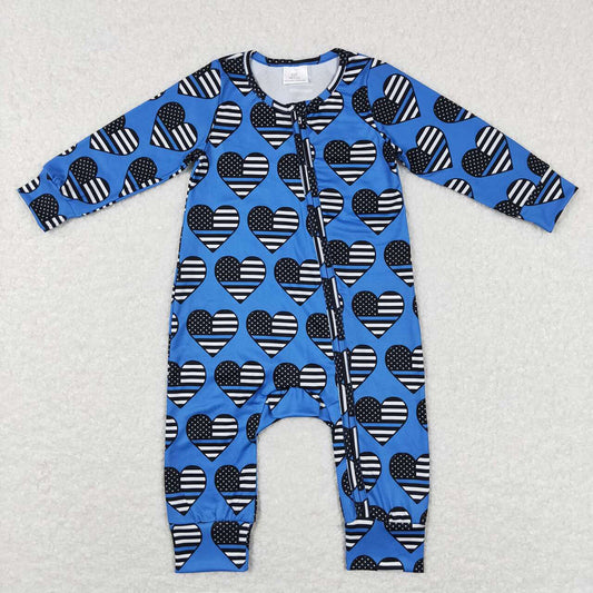 Baby Infant Boys Flag Hearts Blue Long Sleeve Zip Rompers