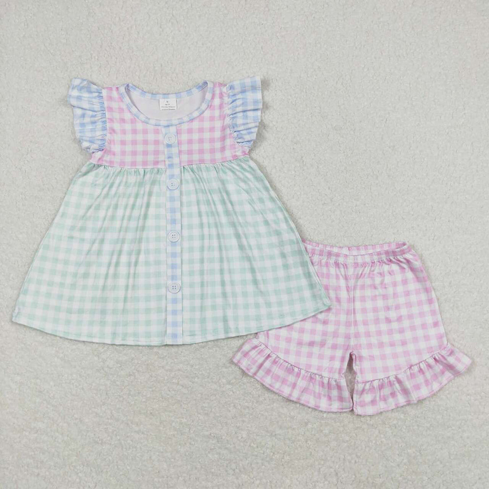 Baby Girls Green Pink Checkered Tunic Ruffle Shorts Clothes Sets