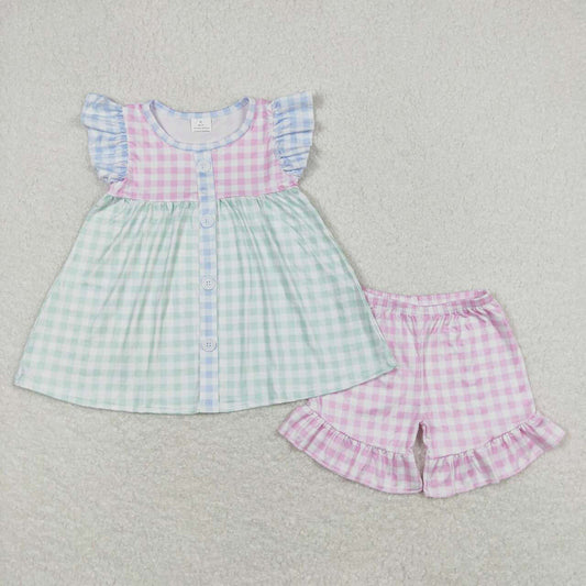 Baby Girls Green Pink Checkered Tunic Ruffle Shorts Clothes Sets