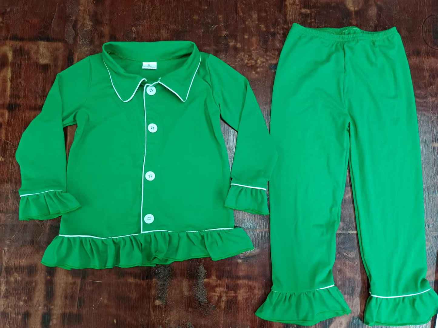 Baby Girls Christmas Green Button Ups Ruffle Top Pants Pajamas Clothes Sets preorder(MOQ 5)