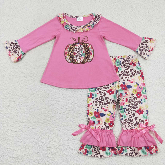Baby Girls Pink Leopard Pumpkin Top Ruffle Pants Clothes Sets