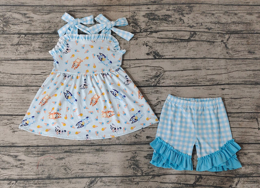 Baby Girls Straps Dogs Tunic Top Ruffle Shorts Clothes Sets