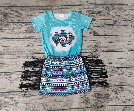 Baby Girls Toddler Western Horse Aztec Top Tassel Skirts Clothes Sets