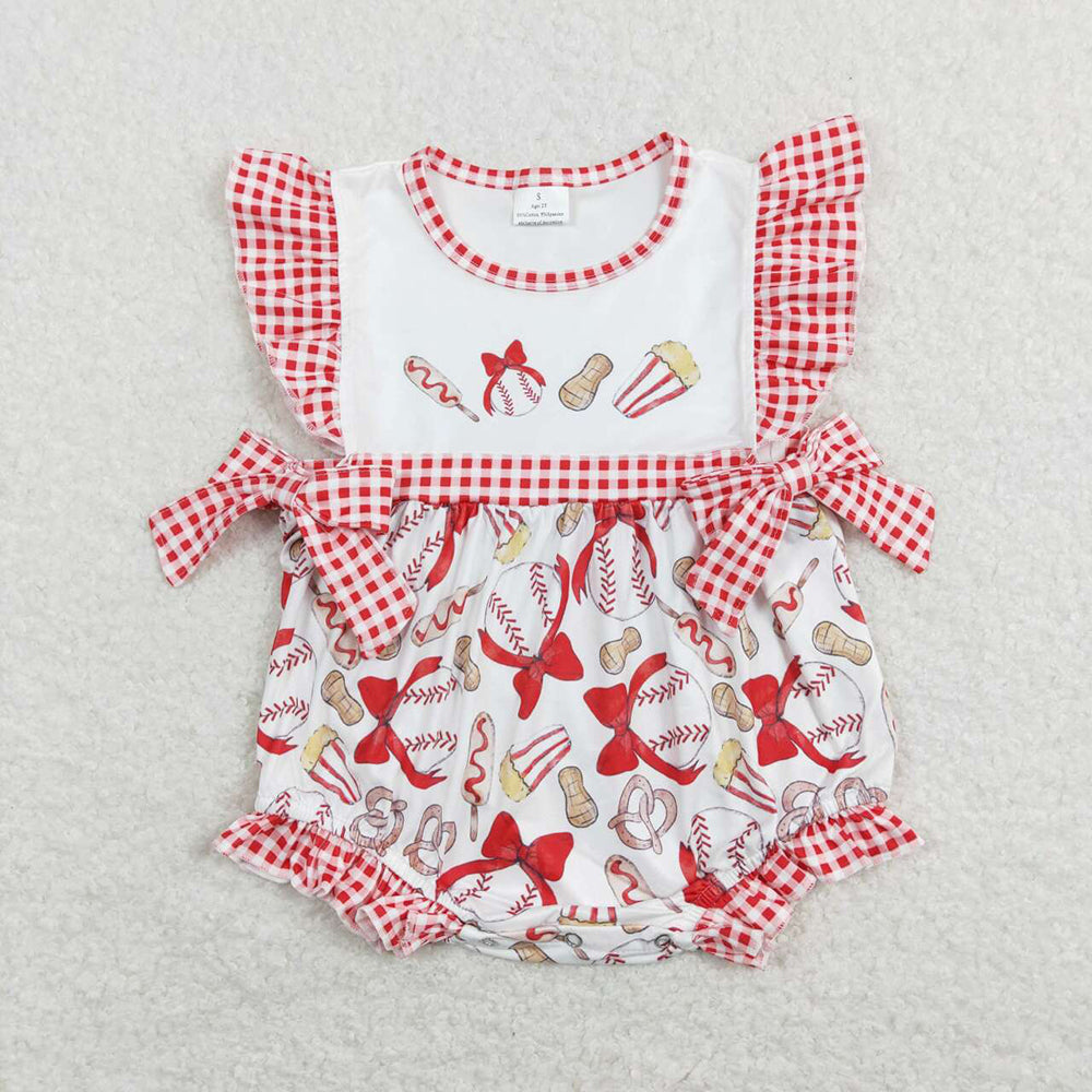 Baby Infant Girls Baseball Bows Flutter Sleeve Rompers